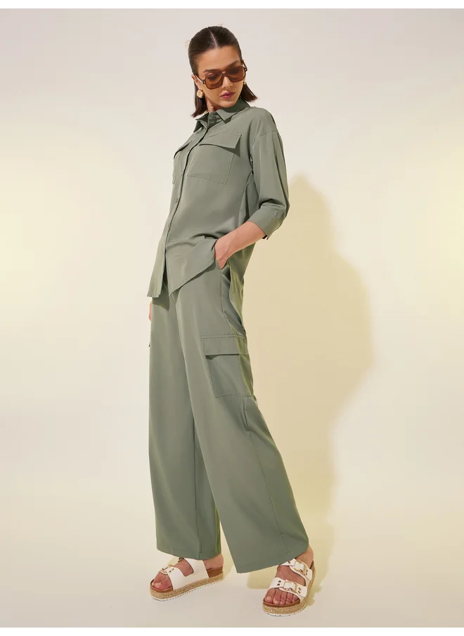 تايك تو Take Two Solid 3/4 Sleeve Pocket Detail Shirt and Pants Co-Ords