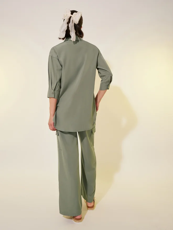 Take Two Take Two Solid 3/4 Sleeve Pocket Detail Shirt and Pants Co-Ords