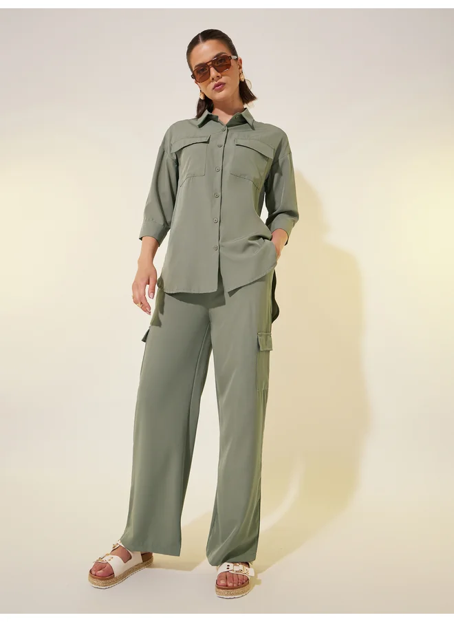 تايك تو Take Two Solid 3/4 Sleeve Pocket Detail Shirt and Pants Co-Ords