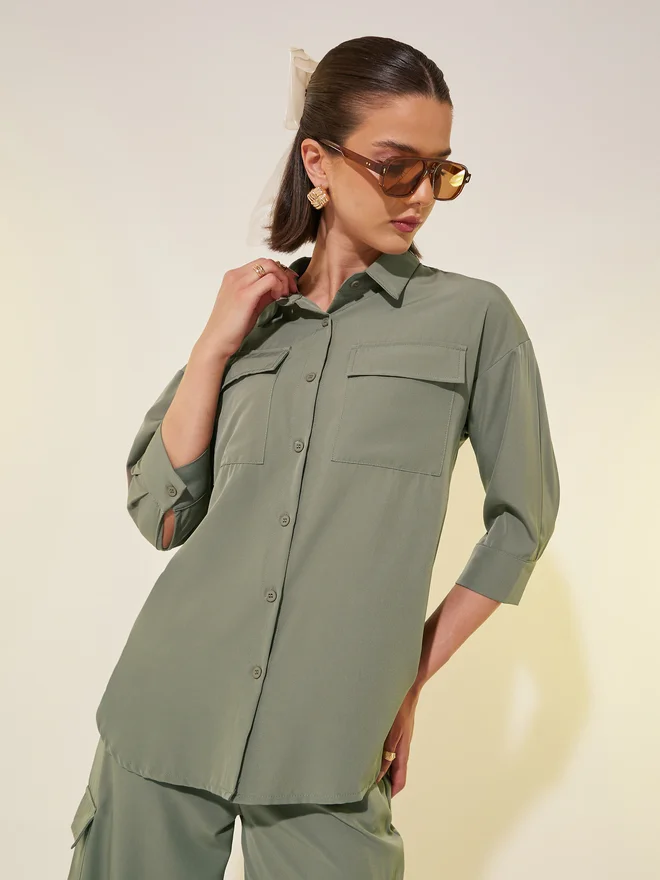 Take Two Take Two Solid 3/4 Sleeve Pocket Detail Shirt and Pants Co-Ords