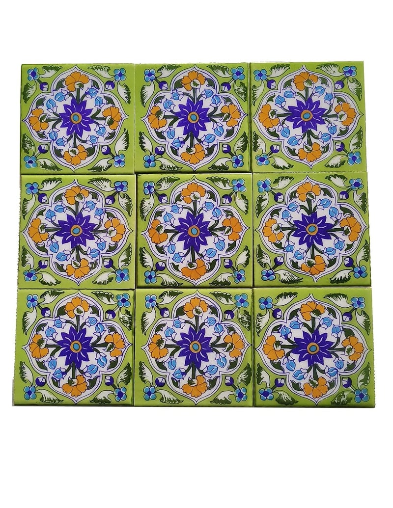 Shiv Kripa Blue Pottery Luxury Floral Decorative Crafted Tabletop Flooring Wall Interior Exterior Traditional 4 x 4 inch Tiles Pack of 9 Tiles Green