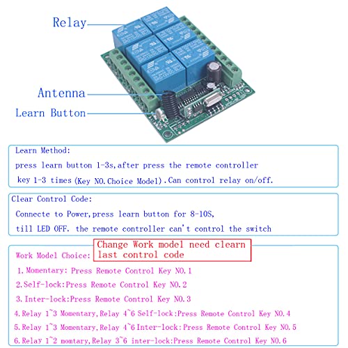 Mangood 433mhz 12V DC 6 Channel Wireless Remote Control Relay Switch 12v Remote Relay ON Off Transmitter and Receiver Universal Motor Light Door Window Controller (12V 2X Control 433MHz) - Image 5