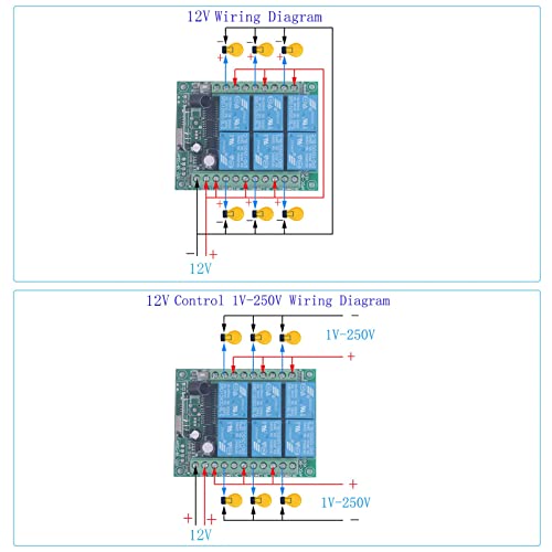 Mangood 433mhz 12V DC 6 Channel Wireless Remote Control Relay Switch 12v Remote Relay ON Off Transmitter and Receiver Universal Motor Light Door Window Controller (12V 2X Control 433MHz) - Image 3