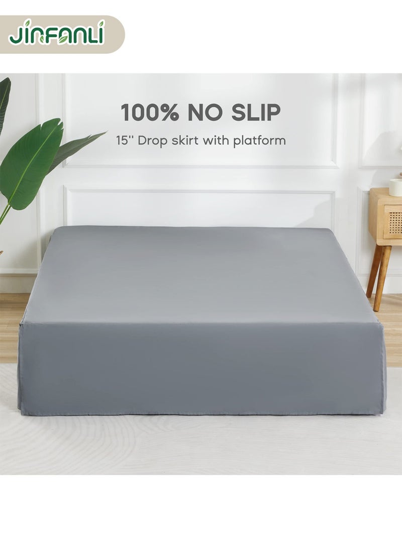 جين فان ل أنا تنورة سرير كوين - مقاس 15 بوصة، سهلة التركيب، مصممة حسب الطلب - تنورة سرير للأسرة - طيات في المنتصف والزوايا (مقاس كوين، رمادي) - Image 3