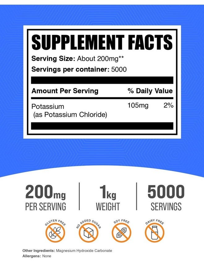 BulkSupplements مسحوق كلوريد البوتاسيوم من BulkSupplements.com - بديل الملح، ملح البوتاسيوم - خالي من الجلوتين، 200 ملغ لكل حصة، 1 كغ (2.2 رطل) (عبوة من 1) - Image 2