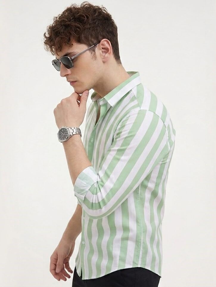 U TURN Men's Printed Striped and Checkered Casual Plus Size Shirt for Men (Light Green; XX-Large) - Image 2