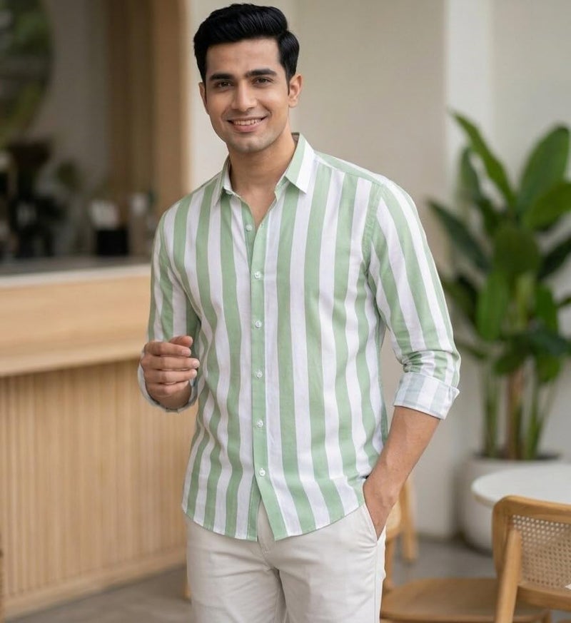 U TURN Men's Printed Striped and Checkered Casual Plus Size Shirt for Men (Light Green; XX-Large) - Image 4