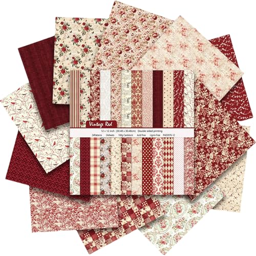 Colabrili Vintage Red Scrapbook Paper, 12x12 Paper Pad, 24 Sheets/ 12 Designs Flower Garden Pattern Paper Vintage Rose Scrapbook Specialty Paper Double Sided Floral Decorative Craft Paper - Image 1