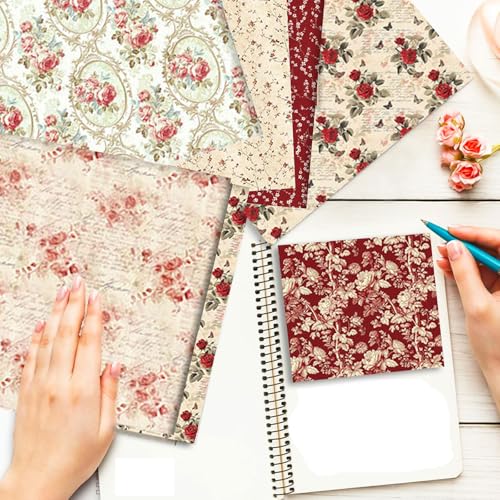 Colabrili Vintage Red Scrapbook Paper, 12x12 Paper Pad, 24 Sheets/ 12 Designs Flower Garden Pattern Paper Vintage Rose Scrapbook Specialty Paper Double Sided Floral Decorative Craft Paper - Image 5