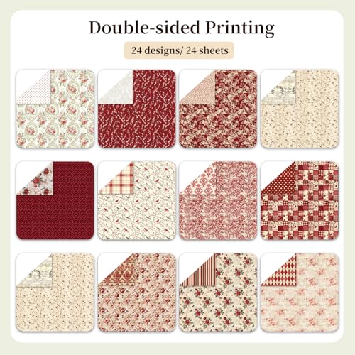 Colabrili Vintage Red Scrapbook Paper, 12x12 Paper Pad, 24 Sheets/ 12 Designs Flower Garden Pattern Paper Vintage Rose Scrapbook Specialty Paper Double Sided Floral Decorative Craft Paper - Image 3