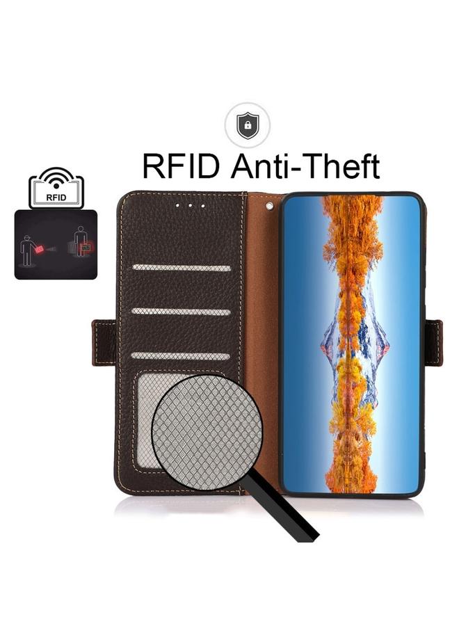 اس-توب جراب لهاتف موتورولا موتو X40 برو من خزنة، مصنوع من جلد الليتشي الأصلي مع خاصية تحديد الهوية بموجات الراديو، بمغناطيس جانبي - Image 4