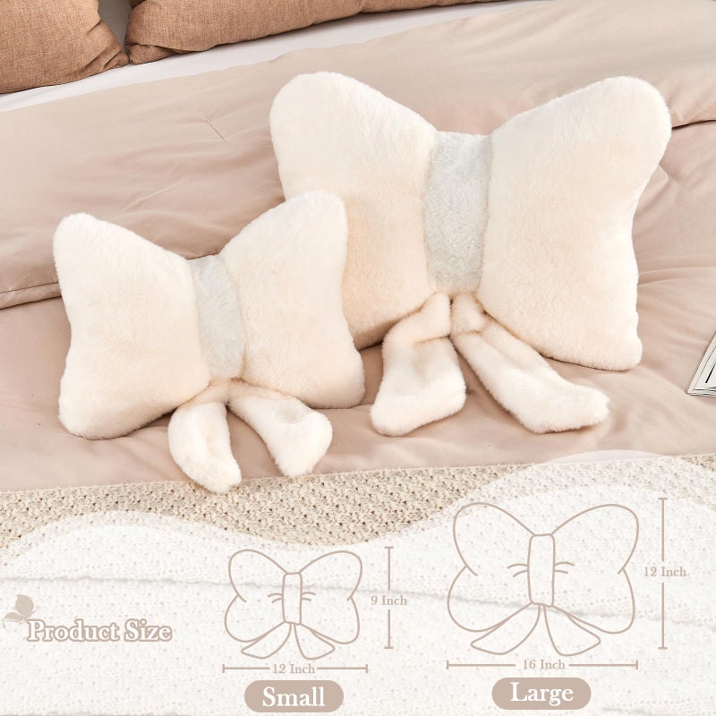XVTRU Ivory Bow Pillow  Soft Bow Decorative Pillows with Faux Rabbit Fur  Cute 12"" Bow Throw Pillows  Aesthetic Home Decor Bow Shaped Plush Pillow for Bedroom Sofa Couch - Image 2