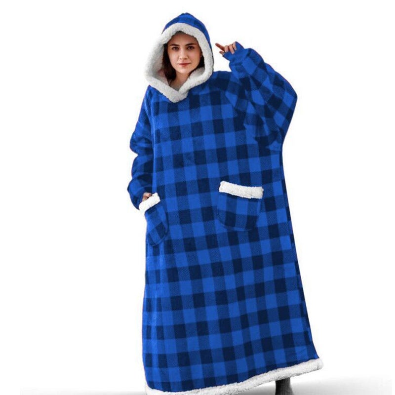 Christmas Hoodie Winter Warm Long Lazy Clothes Big Red Elk Print Blanket D21-blue and black plaid