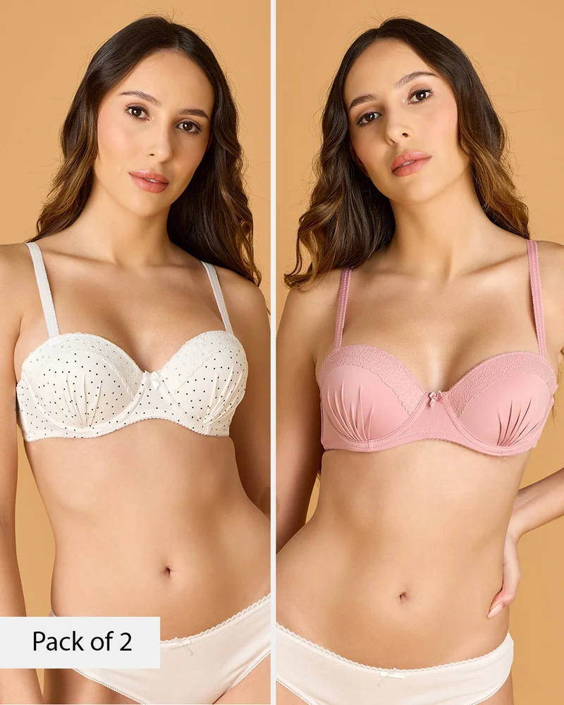 REDTAG Women Assorted 2-Pack Printed & Solid Balconette Bras with Lace