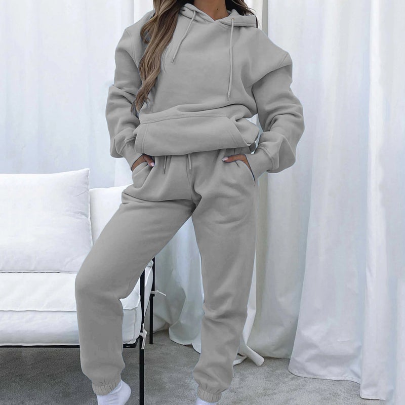 2024 cross-border European and American spring and autumn solid color hooded pullover trousers womens urban casual pocket long sleeve sweater suit Brown - Image 5