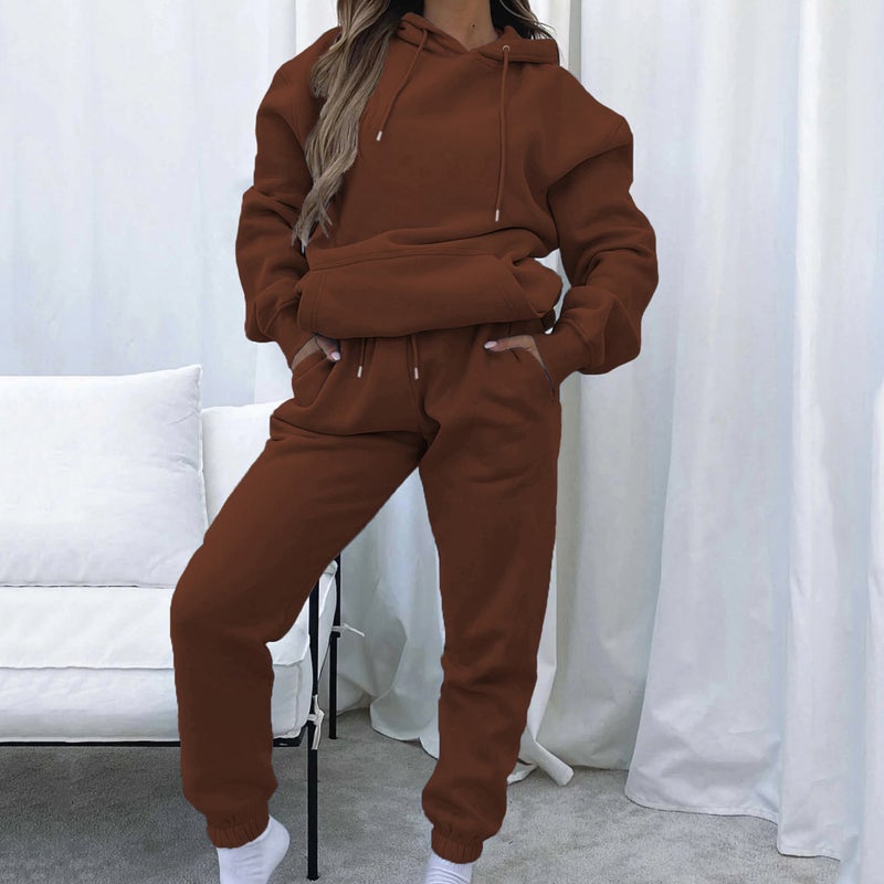2024 cross-border European and American spring and autumn solid color hooded pullover trousers womens urban casual pocket long sleeve sweater suit Brown - Image 1