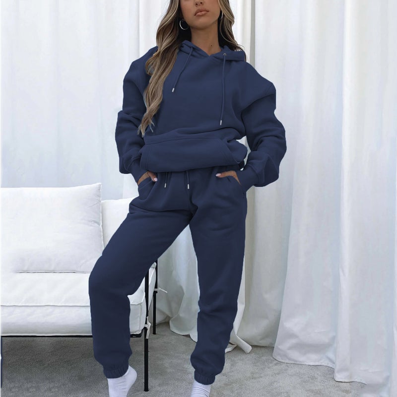 2024 cross-border European and American spring and autumn solid color hooded pullover trousers womens urban casual pocket long sleeve sweater suit Brown - Image 4