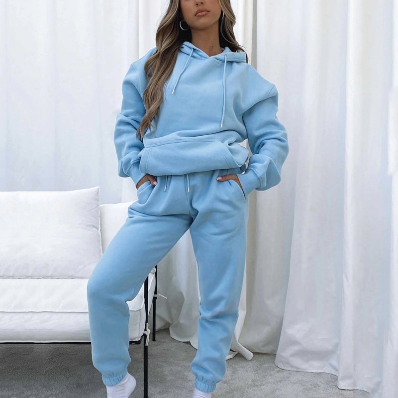 2024 cross-border European and American spring and autumn solid color hooded pullover trousers womens urban casual pocket long sleeve sweater suit Brown - Image 3