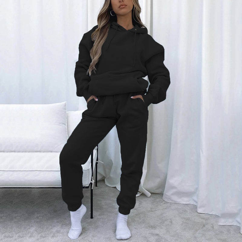 2024 cross-border European and American spring and autumn solid color hooded pullover trousers womens urban casual pocket long sleeve sweater suit Brown - Image 2