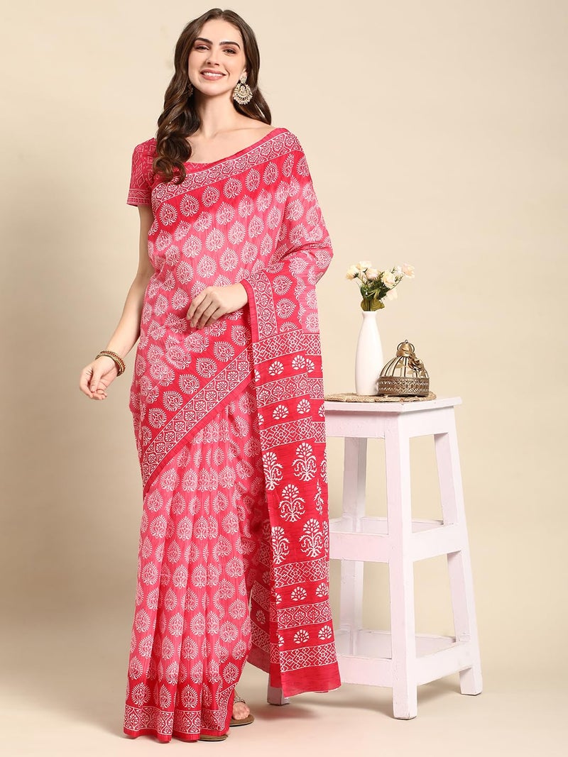 RATAN Pure Cotton Printed Mulmul Saree for Women with Blouse Piece (GDBT-BP-1049-PINK_Pink) - Image 4