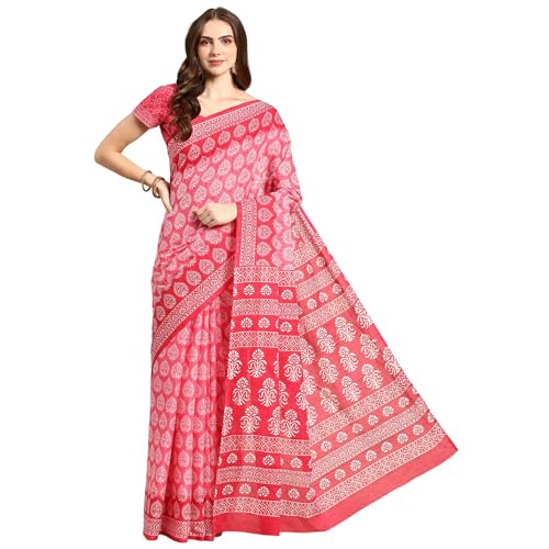 RATAN Pure Cotton Printed Mulmul Saree for Women with Blouse Piece (GDBT-BP-1049-PINK_Pink) - Image 1