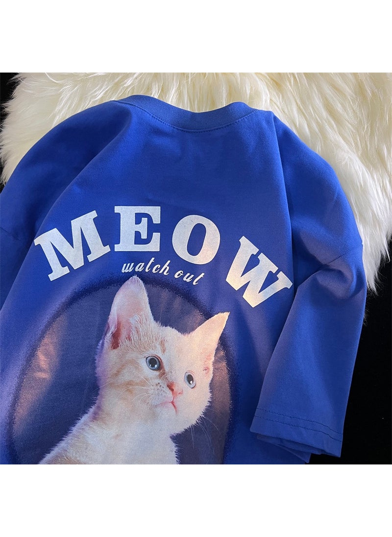 Generic Cute Cat Print Tee Chic Summer Couple TopKlein Blue (milk Silk) Klein Blue (milk Silk) 