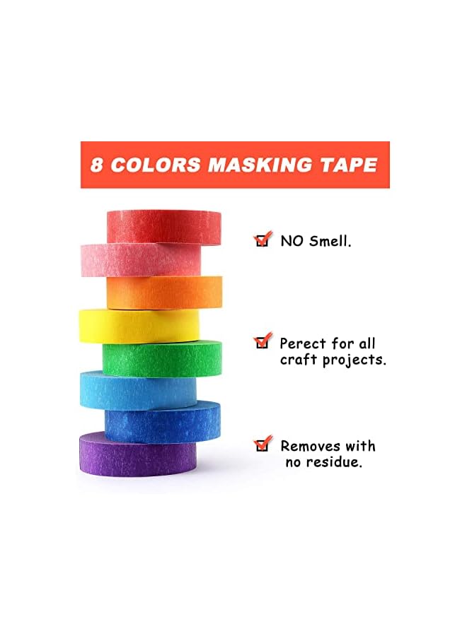 PROMASS 8 Rolls Colored Masking Tape Rainbow Colors Painters Tape Colorful Craft Art Paper Tape for Kids Labeling Arts Crafts DIY Decorative Coding Decoration Teaching Supplies, 0.6 Inch x 16 Yard, 8 Colors - Image 2