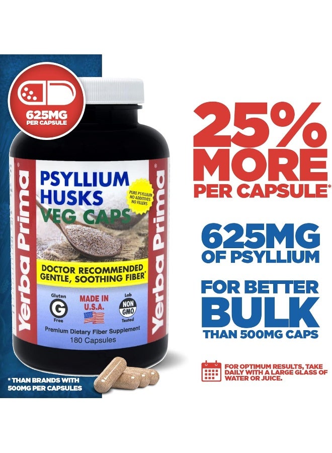 Yerba Prima Psyllium Husks Veg Caps - 180 Count (2 Pack) (625mg) - Vegan, Non-GMO, Gluten Free, Colon Cleanser, Daily Fiber Supplement for Gut Health & Regularity - Image 2