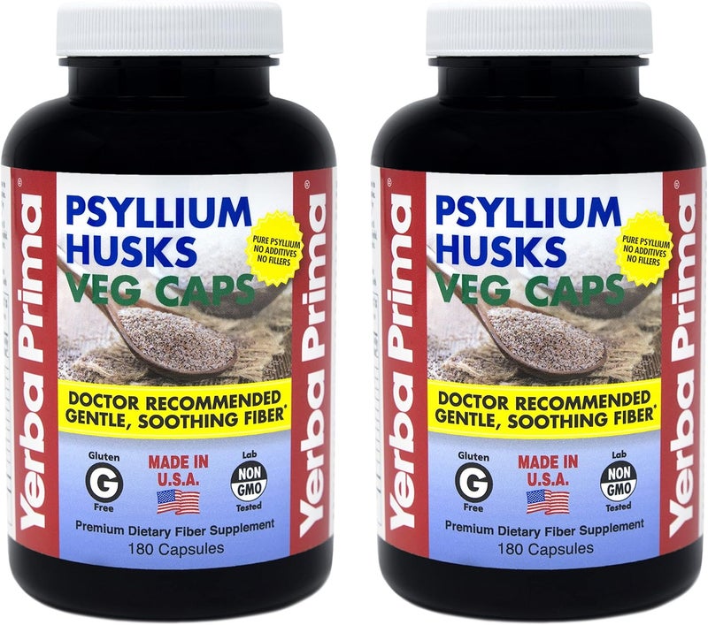 Yerba Prima Psyllium Husks Veg Caps - 180 Count (2 Pack) (625mg) - Vegan, Non-GMO, Gluten Free, Colon Cleanser, Daily Fiber Supplement for Gut Health & Regularity - Image 1