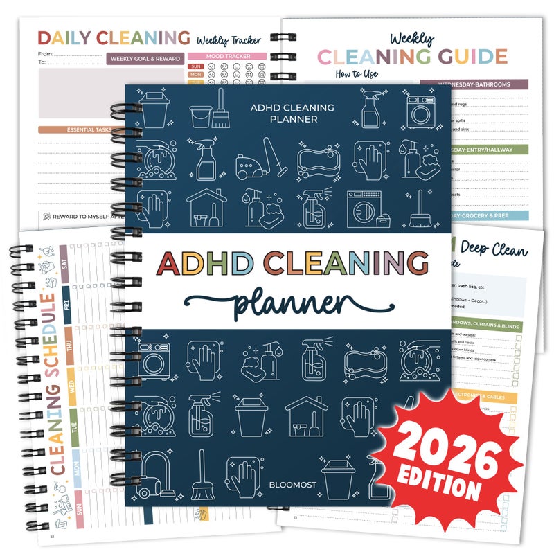 Bloomost ADHD Cleaning Planner - Cleaning Schedule and Checklist Organizer for Adults and Teens - Daily, Weekly & Monthly Household Cleaning Checklist for ADHD Minds - Stress-Free Housework - Image 1