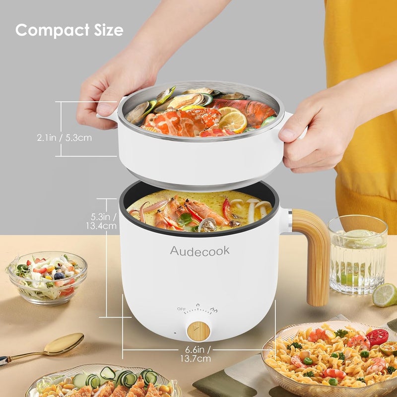 Audecook قدر أوديكوك الكهربائي مع البخار، 1.5 لتر قدر صغير محمول متعدد الوظائف غير لاصق، قدر شابو، مقلاة كهربائية مع تحكم مزدوج للطاقة للنودلز/المعكرونة/البيض/الحساء/الشوفان (أبيض) - Image 4