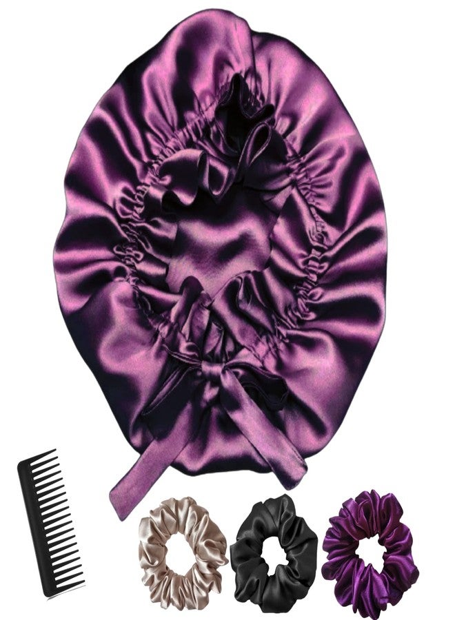 Atrube Satin Silk Bonnet for Hair With 3 Scrunchies - Adjustable Cap for Sleeping, Curly Hair Wrap With Drawstring (Mulberry) - Image 2