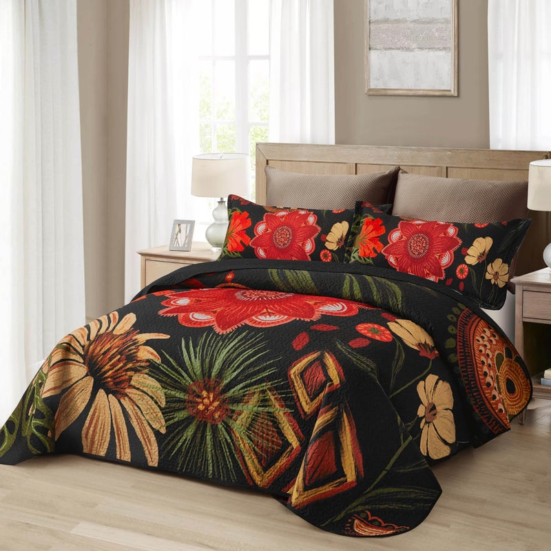Tyrot 3 Piece Black Red Boho Floral Quilt Sets King Size Farmhouse Reversible Lightweight Bedspread Coverlet with 2 Shams Vintage Mid Century Microfiber Bedding Quilts Set for All Season, 106''x96'' - Image 2