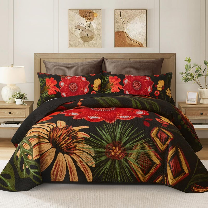 Tyrot 3 Piece Black Red Boho Floral Quilt Sets King Size Farmhouse Reversible Lightweight Bedspread Coverlet with 2 Shams Vintage Mid Century Microfiber Bedding Quilts Set for All Season, 106''x96'' - Image 1