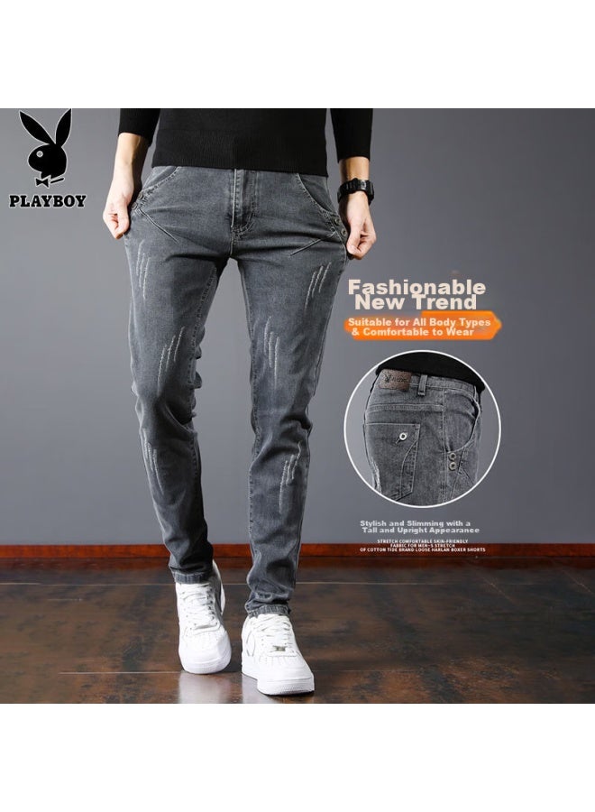 PLAYBOY جينز دنيم للرجال، بنطلونات ربيع وصيف، بنطلونات كاجوال، بنطلونات ضيقة عصرية للرجال، رمادي داكن، مقاس 32 - Image 4