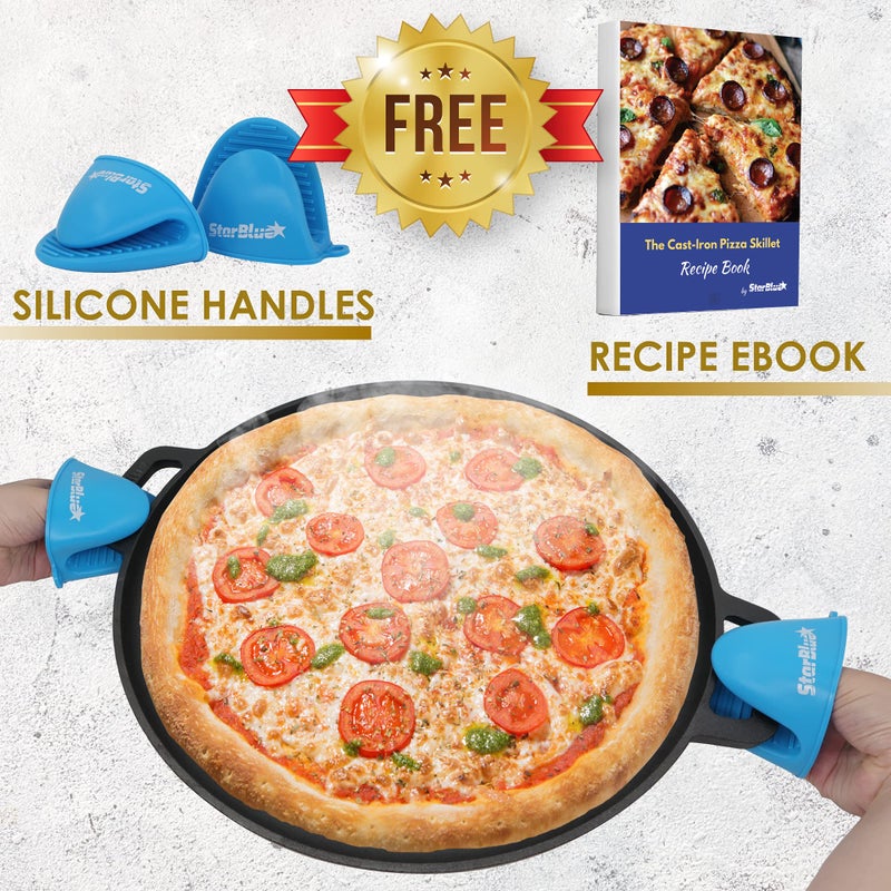StarBlue 16 Inch Cast Iron Pizza Pan Round Griddle by StarBlue with FREE Silicone Handles and 30 Recipes Ebookâ€“ Pre-Seasoned Comal, Kitchen Essentials for Pizza Lovers, Baking, Grill, BBQ, Stove Oven Safe - Image 3
