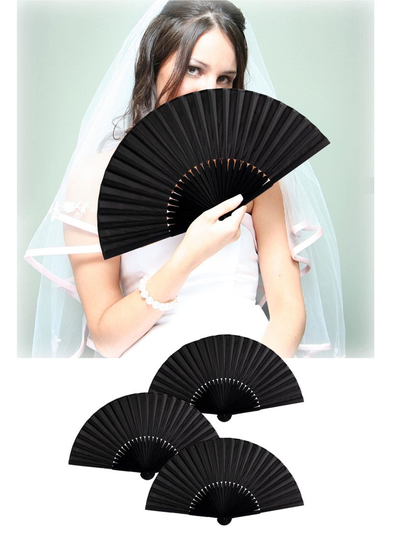 Y&D 4 Pieces Folding Hand Fan, Black Silk Fabric Bamboo Ribs Held, Chinese Japanese Vintage Fans Fan for Wedding, Dancing, Church, Party, Gift Gift, DIY Creating - Image 1