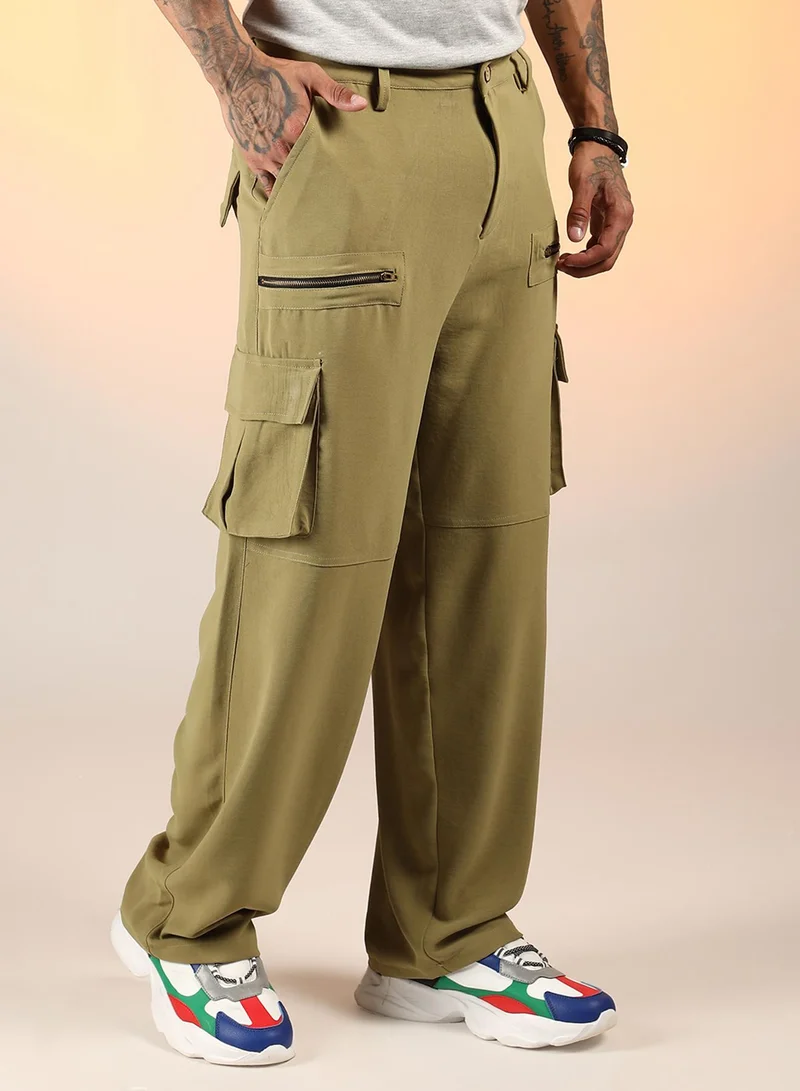 كامبوس سوترا Men's Olive Green Relaxed-Fit Utility Trousers