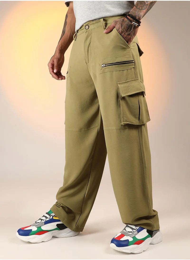 Campus Sutra Men's Olive Green Relaxed-Fit Utility Trousers