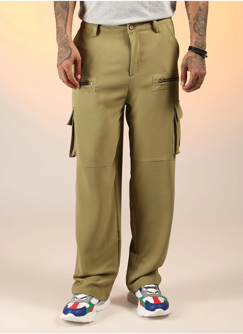 Campus Sutra Men's Olive Green Relaxed-Fit Utility Trousers
