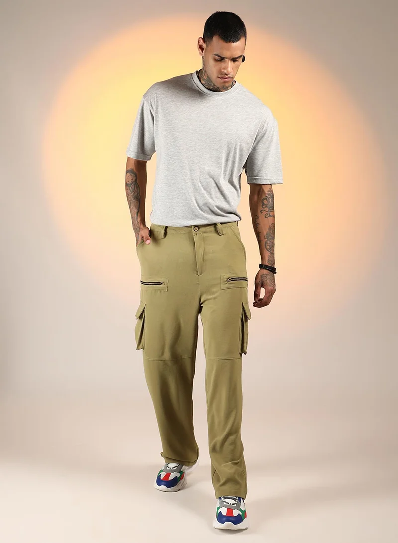 كامبوس سوترا Men's Olive Green Relaxed-Fit Utility Trousers