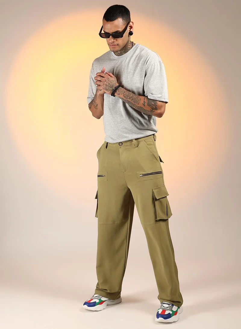 كامبوس سوترا Men's Olive Green Relaxed-Fit Utility Trousers