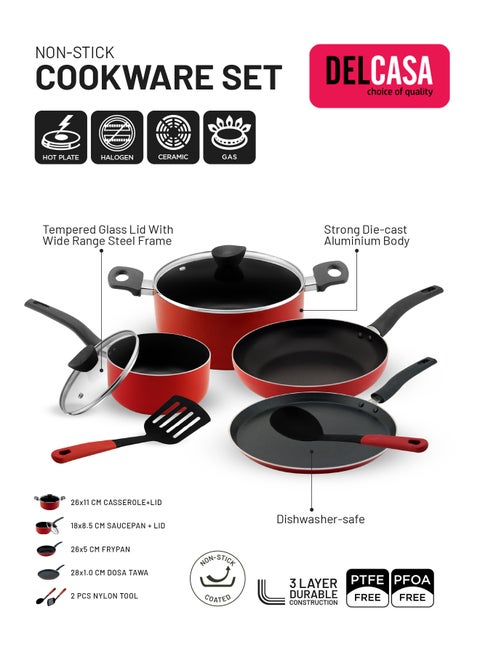 Delcasa 8Pc Nonstick Cookware Set Casserole+ Lid, Sauce pan+ Lid, Frypan, Dosa Tawa, 2pcs nylon tool