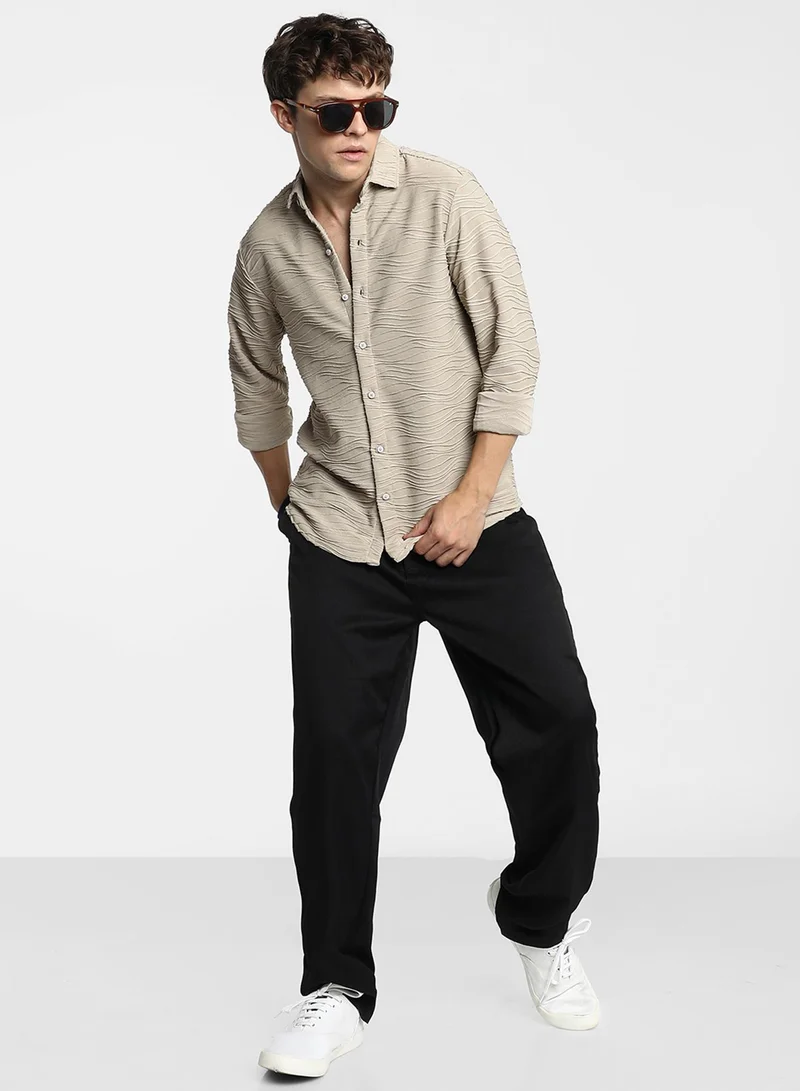كامبوس سوترا Men's Cloud Grey Self-Design Wave Shirt