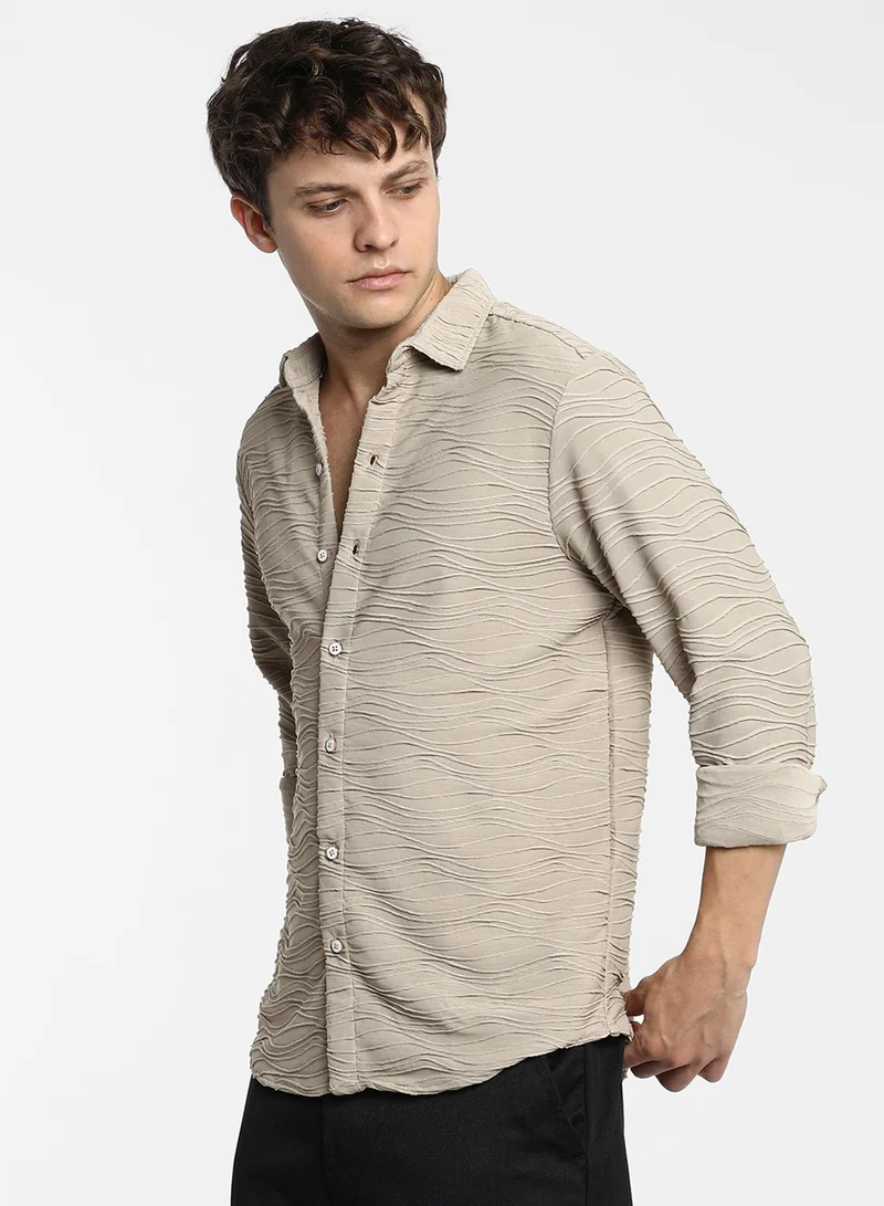 كامبوس سوترا Men's Cloud Grey Self-Design Wave Shirt