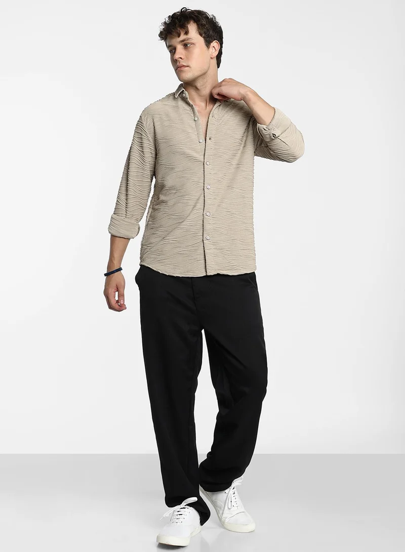 كامبوس سوترا Men's Cloud Grey Self-Design Wave Shirt