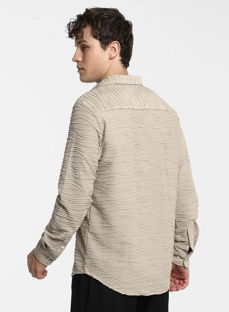 كامبوس سوترا Men's Cloud Grey Self-Design Wave Shirt