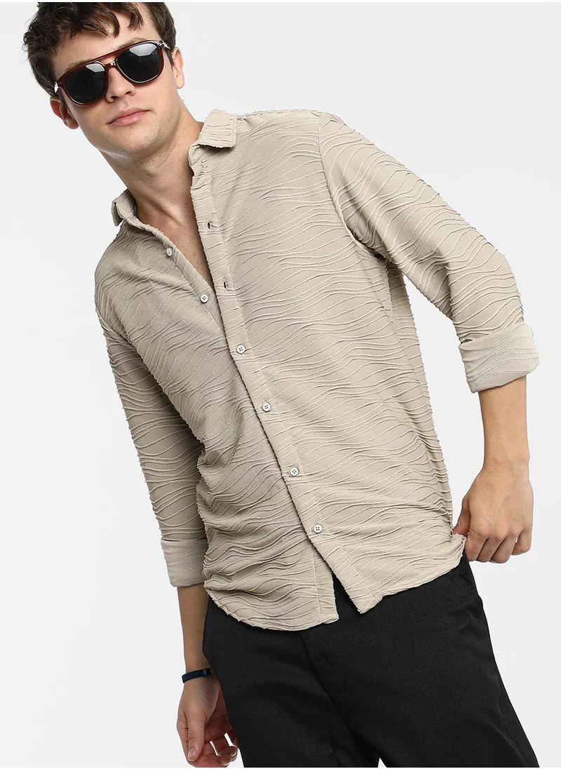 Campus Sutra Men's Cloud Grey Self-Design Wave Shirt