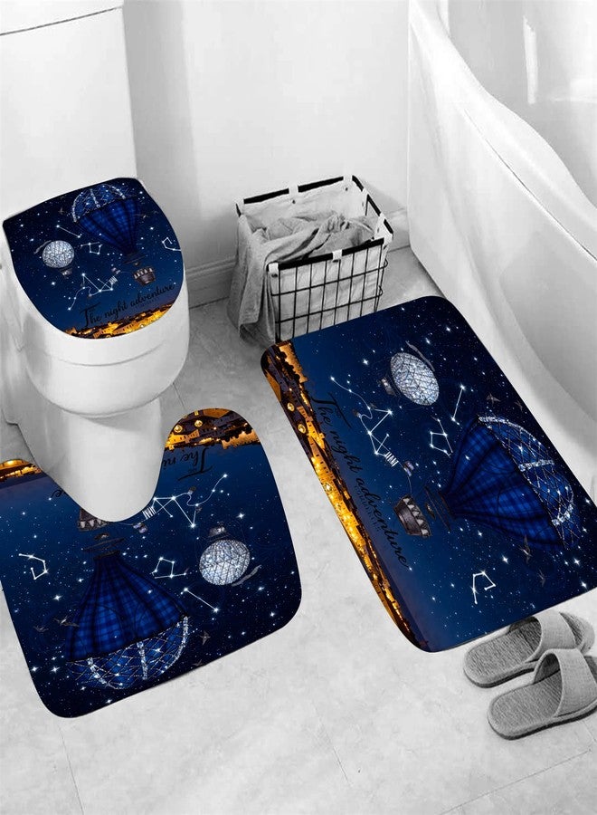 jieprom 4 Piece Starry Night Shower Curtain Set with Rugs, Blue Hot Air Balloon Adventure Art Bathroom Decor, Waterproof Fabric Curtain with Non-Slip Bath Mats & Toilet Lid Cover, Romantic Night Sky Aesthetic - Image 4