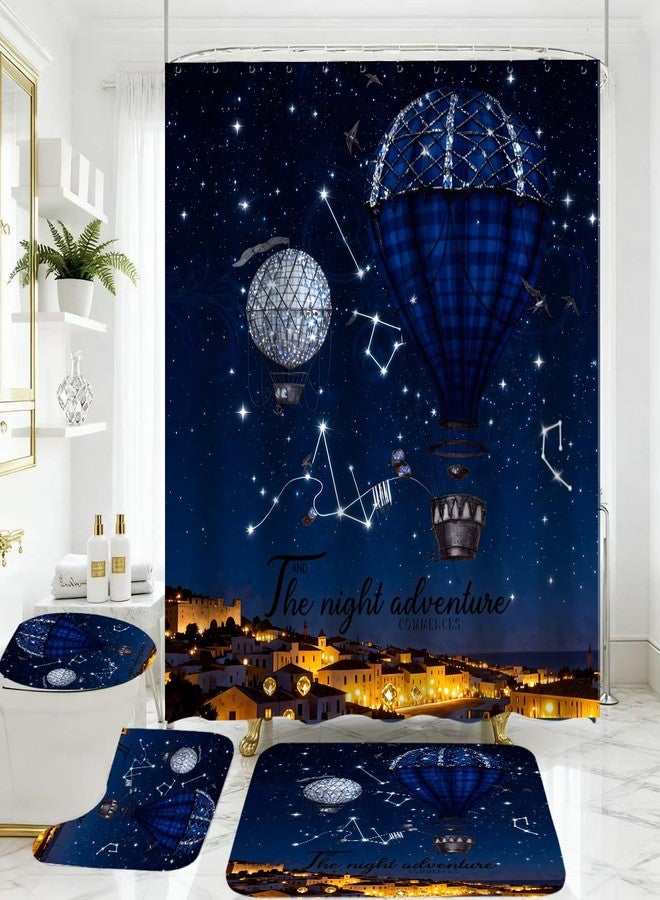 jieprom 4 Piece Starry Night Shower Curtain Set with Rugs, Blue Hot Air Balloon Adventure Art Bathroom Decor, Waterproof Fabric Curtain with Non-Slip Bath Mats & Toilet Lid Cover, Romantic Night Sky Aesthetic - Image 1